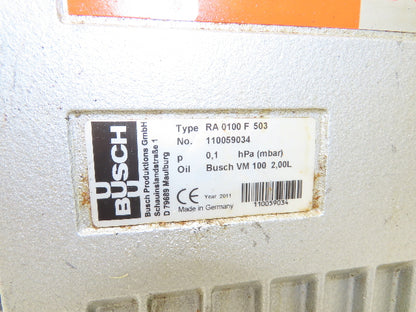 Busch RA 0100 F 503 Rotary Vane Vacuum Pump 70cfm 3kw 230/460V 3PH 1.25"npt
