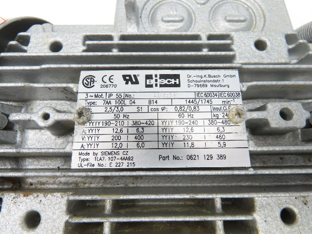 Busch RA 0100 F 503 Rotary Vane Vacuum Pump 70cfm 3kw 230/460V 3PH 1.25"npt