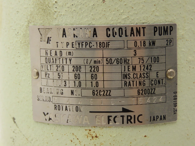 Yaskawa YFPC-18DJF Immersion Coolant Pump 1/2"NPT 15 gpm 0.18kW 220V Cast Iron