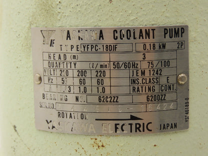Yaskawa YFPC-18DJF Immersion Coolant Pump 1/2"NPT 15 gpm 0.18kW 220V Cast Iron