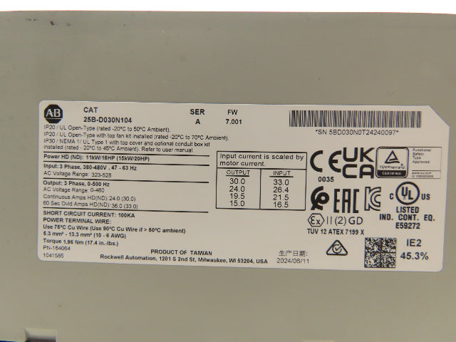 Allen Bradley 25B-D030N104 PowerFlex 525 VFD 500Hz 20Hp 460v 30A Ser A FRN 7.001