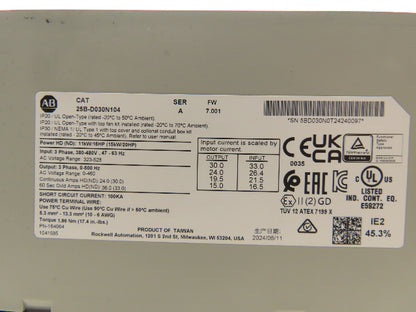 Allen Bradley 25B-D030N104 PowerFlex 525 VFD 500Hz 20Hp 460v 30A Ser A FRN 7.001