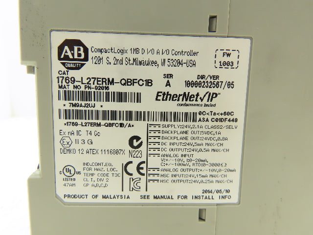 Allen Bradley 1769-L27ERM-QBFC1B CompactLogix 1MB L2 Ethernet Controller Ser A