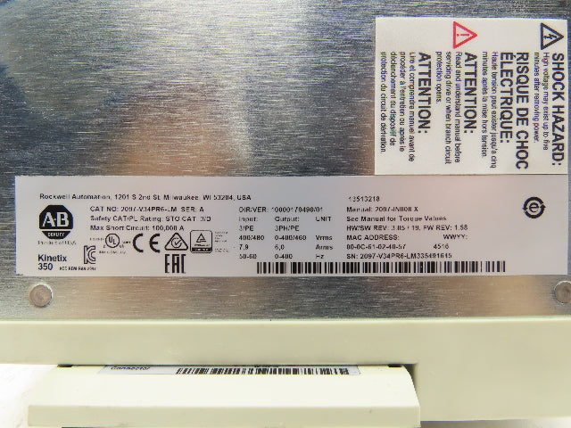 Allen Bradley 2097-V34PR6-LM Kinetix 350 3 kW Servo Drive 480V 3Ph Indexing Mode