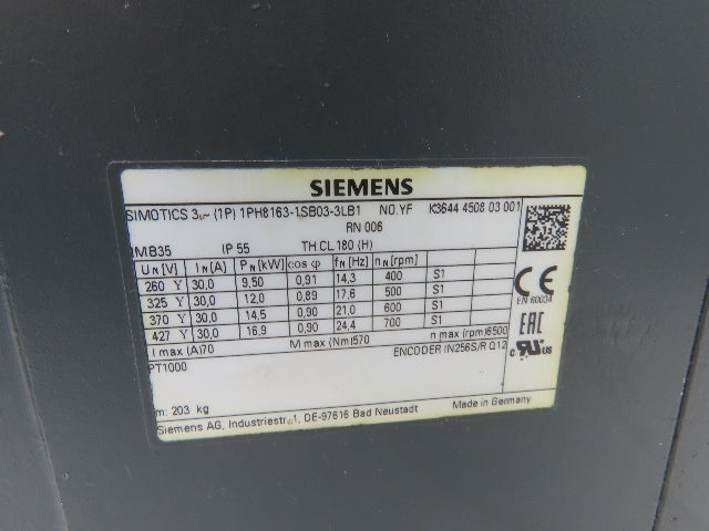 Siemens 1PH8163-1SB03-3LB1 Simotics 3PH Servo Motor 9.5-16.9kW Encoder IN256S/R