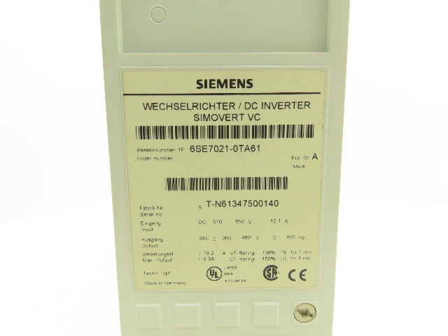Siemens 6SE7021-0TA61 Simovert DC Inverter 510-650VDC In 380-480VAC 0-600Hz Out