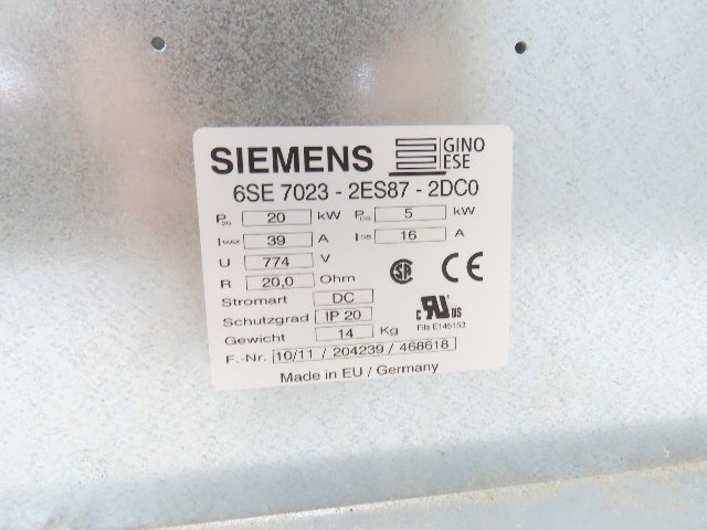 Siemens 6SE7023-2ES87-2DC0 SIMOVERT Braking Resistor 510-620 VDC 20 kW 20 OHM