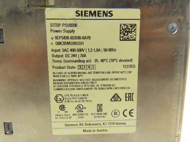 Siemens SITOP PSU8200 Power Supply DC 24V 20A 3PH 6EP3436-8SB00-0AY0