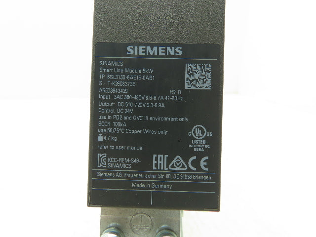 Siemens 6SL3130-6AE15-0AB1 SINAMICS S120 Smart Line Module 5kW 480V 3Ph 600VDC