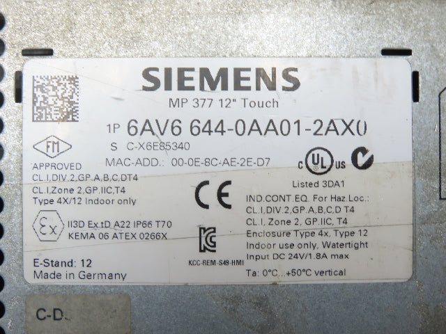 Siemens 6AV6 644-0AA01-2AX0 MP377 Simatic 12" HMI Touch Screen Control Panel