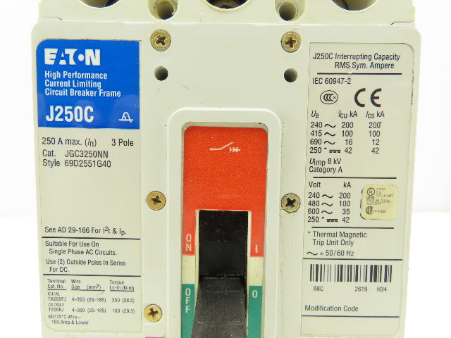 Eaton JGC3250NN Circuit Breaker J250C 250A JG Frame 3-Pole 35kAIC at 600VAC