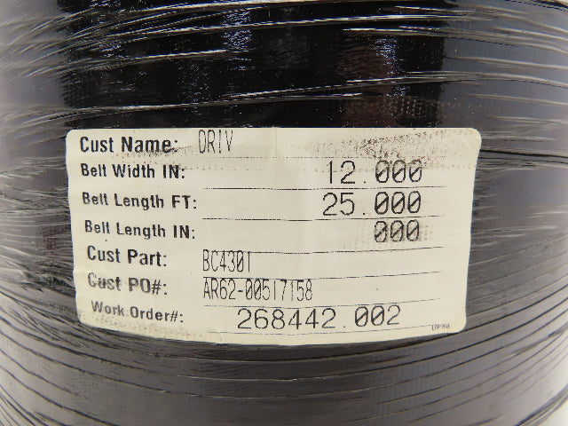 12"W x 25' Rough Grip Top Rubber Conveyor Belt 2-Ply Black 25' Length 7/32"Thick