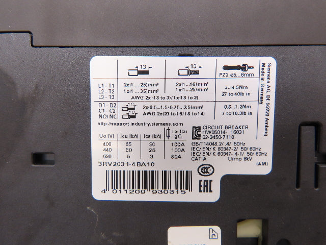 Siemens 3RV2031-4BA10 Circuit Breaker 14-20 Amp 20Hp 600VAC 3Ph