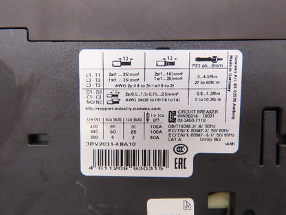 Siemens 3RV2031-4BA10 Circuit Breaker 14-20 Amp 20Hp 600VAC 3Ph