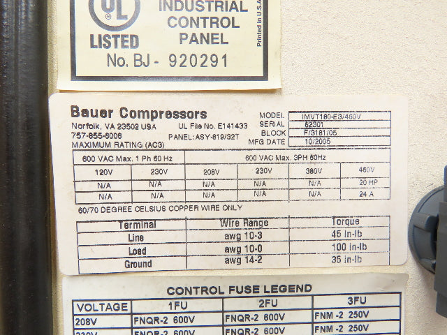 Bauer Air Compressor High Pressure 4 Stage Pump 5000PSI 20hp 13407h Scuba Fire