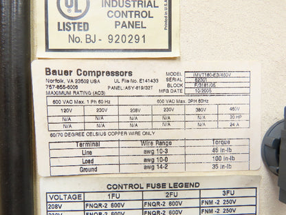Bauer Air Compressor High Pressure 4 Stage Pump 5000PSI 20hp 13407h Scuba Fire