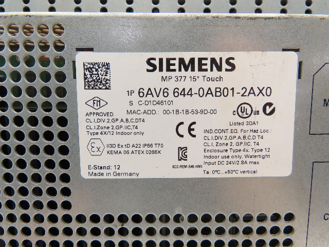 Siemens 6AV6 644-0AB01-2AX0 MP377 Simatic 15" HMI Touch Screen Control Panel 24V