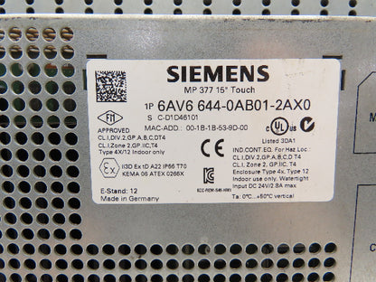 Siemens 6AV6 644-0AB01-2AX0 MP377 Simatic 15" HMI Touch Screen Control Panel 24V