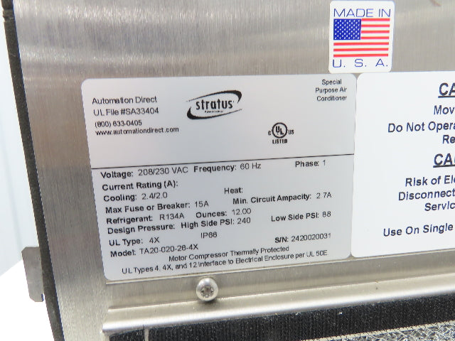Stratus TA20-020-26-4X Enclosure AC Air Conditioner 2700 BTU 230V 1PH Stainless