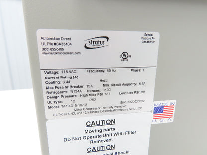 Stratus TA10-015-16-12 Enclosure AC Air Conditioner 1500 BTU 115V 1PH R134a