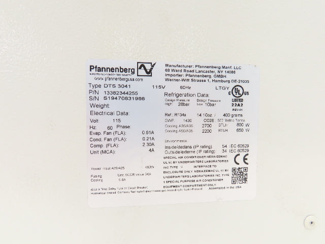 Pfannenberg DTS 3041 Enclosure AC Air Conditioner 2700 BTU 115V 1PH R134a