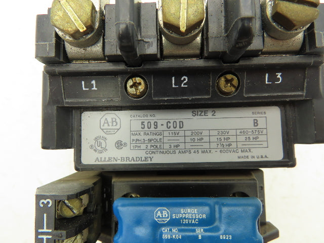 Allen Bradley 509-C0D Size 2 Motor Starter Contactor 600V 120V Coil w/Overload