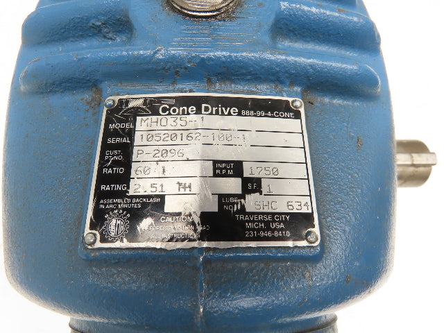Cone Drive MH035-1 Worm Gearbox 60:1 Ratio 29rpm 2.5Hp LH 140TC