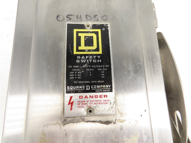 Square D HU362DSWC Safety Disconnect Switch 60 Amp 600V 3 Pole Crouse Hinds E1