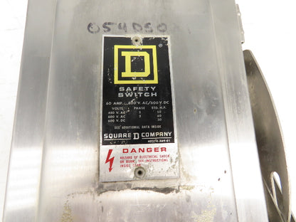 Square D HU362DSWC Safety Disconnect Switch 60 Amp 600V 3 Pole Crouse Hinds E1