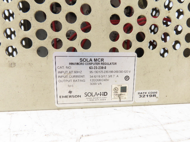Sola 63-23-230-8 Constant Voltage Transformer 3kVA 120-480V Hi 120/208/240V Low