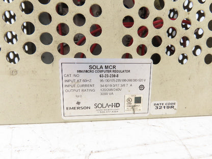 Sola 63-23-230-8 Constant Voltage Transformer 3kVA 120-480V Hi 120/208/240V Low