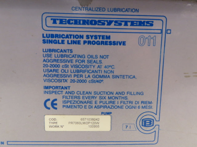 Technosystems 011 Lubrication System Single Line XS 56 B2 230/460 3 Ph