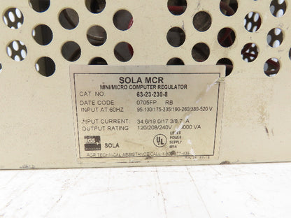 Sola 63-23-230-8 Constant Voltage Transformer 3kVA 120-480V Hi 120/208/240V Low