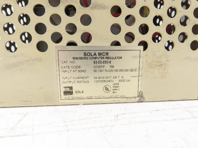 Sola 63-23-230-8 Constant Voltage Transformer 3kVA 120-480V Hi 120/208/240V Low