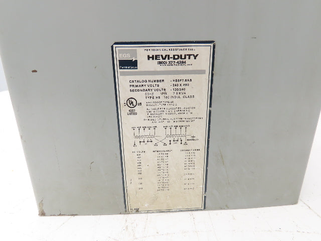 Sola Hevi-Duty Stepdown Power Transformer 7.5kVA 240x480V Hi 120/240V Low 1Ph