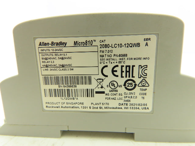Allen Bradley 2080-LC10-12QWB MIcro810 PLC Smart Relay Controller Module 12-24V