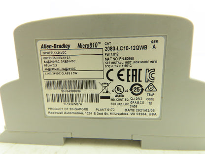 Allen Bradley 2080-LC10-12QWB MIcro810 PLC Smart Relay Controller Module 12-24V