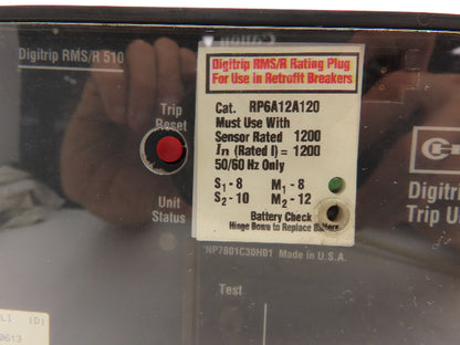 Cutler Hammer RP6A12A120 Digitrip Air AC Circuit Breaker RMS/R 510 Trip 600VAC