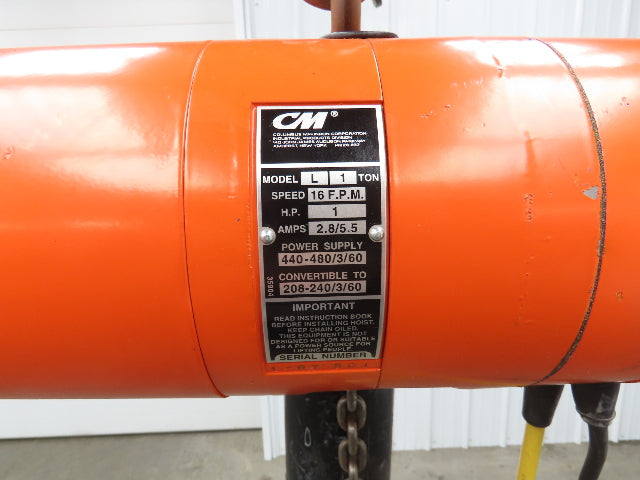 CM Lodestar Model L 1 Ton 2000lb Electric Chain Hoist 20' Lift 16 FPM 3PH 480V