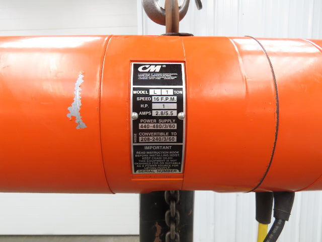 CM Lodestar Model L 1 Ton 2000lb Electric Chain Hoist 20' Lift 16 FPM 480V 3PH