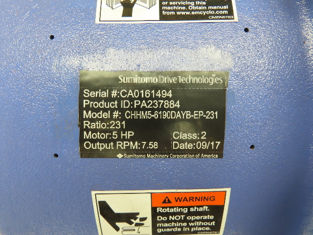 Sumitomo CHHM5-6190DAYB-EP-231 Gearmotor 231:1 Ratio 7.5rpm 5Hp 230/460V 3PH