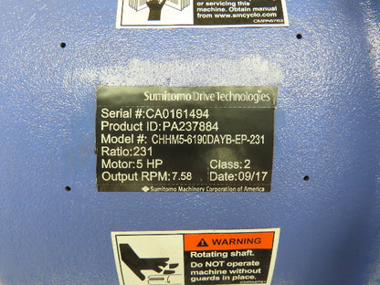 Sumitomo CHHM5-6190DAYB-EP-231 Gearmotor 231:1 Ratio 7.5rpm 5Hp 230/460V 3PH