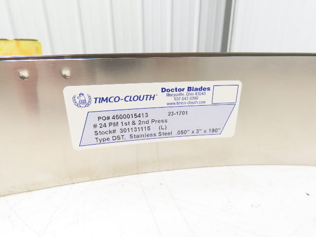Timco Clouth DST Stainless Steel Doctor Blade .050"x 3"x 190" Print Press Coater