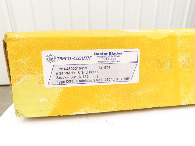 Timco Clouth DST Stainless Steel Doctor Blade .050"x 3"x 190" Print Press Coater