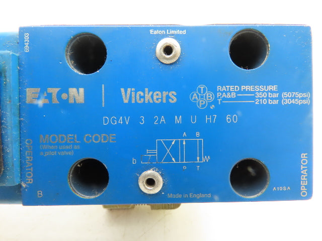 Vickers DG4V 3 2A M U H7 60 Directional Valve w/4-Port D03 Hydraulic Manifold