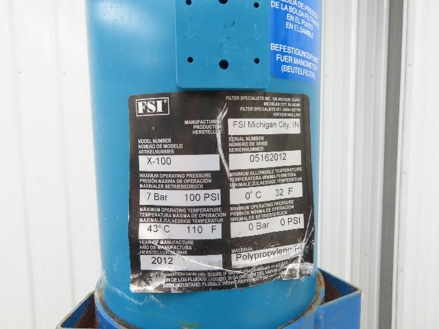 FSI X-100 Plastic Polypropylene Basket Strainer X01 #1 Bag Filter 2"NPT 100psi