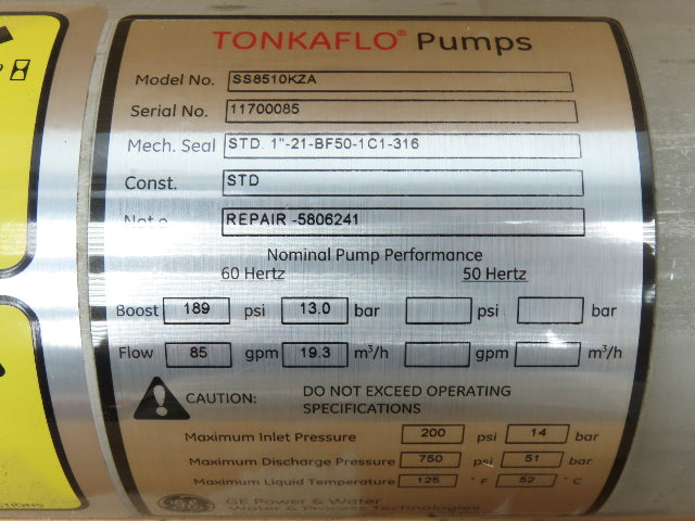 Tonkaflo SS8510KZA 3" Stainless Centrifugal Pump Reverse Osmosis 85 GPM 15Hp 3PH