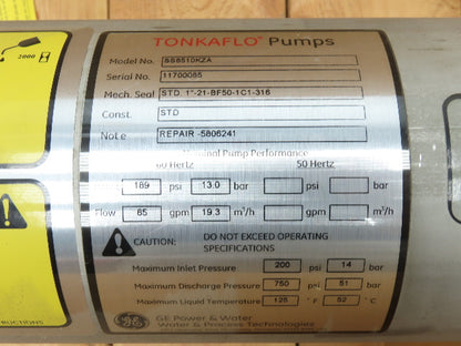 Tonkaflo SS8510KZA 3" Stainless Centrifugal Pump Reverse Osmosis 85 GPM 15Hp 3PH