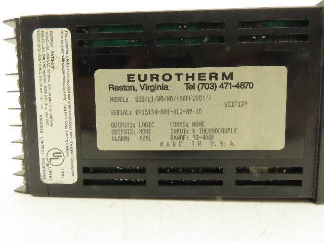 Eurotherm Crown 808/L1/NO/NO/(AKFF200)// Digital Temperature Controller 32-400°F