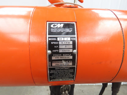 CM Lodestar Model RR 2 Ton 4000lb Electric Chain Hoist 20' Lift 16 FPM 3PH 480V